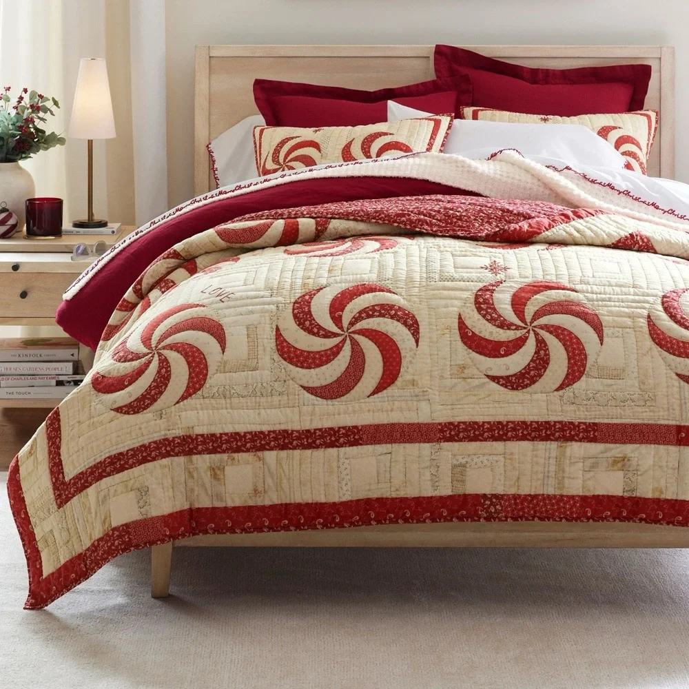 Pottery Barn Peppermint Swirls Reversible Quilt Red Patchwork Full Queen Bed NEW